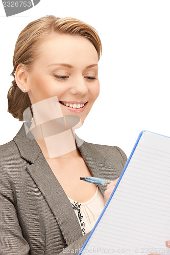 Image of happy woman with big notepad