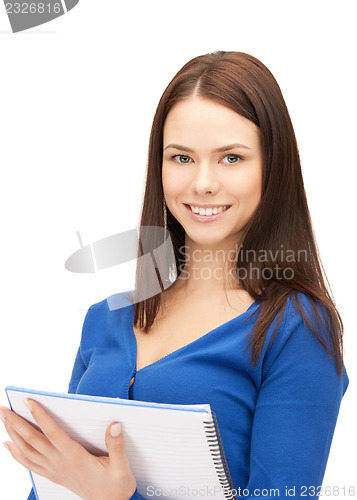 Image of happy woman with big notepad
