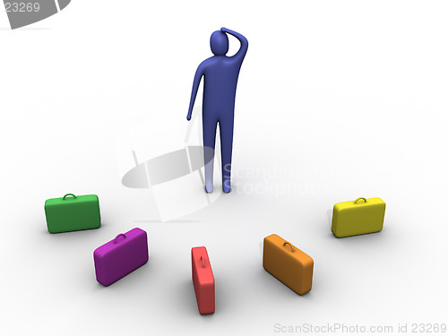 Image of 3d person in front of multicolor cases.