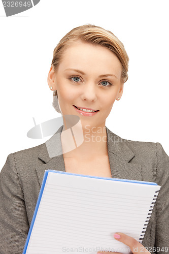 Image of happy woman with big notepad