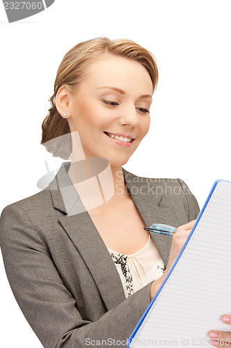 Image of happy woman with big notepad