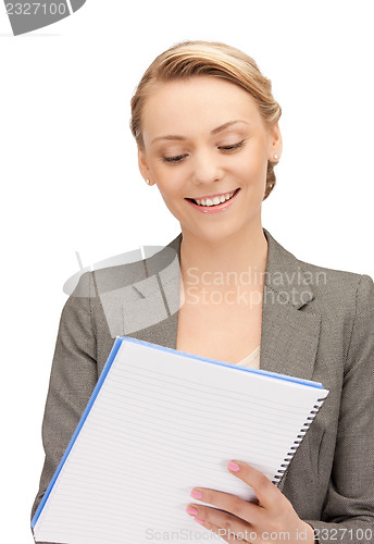 Image of happy woman with big notepad