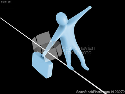 Image of 3d person walking on a rope holding a briefcase.