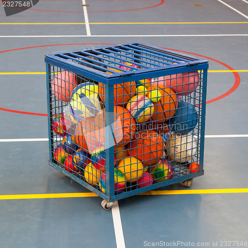 Image of Collection of different balls in a metal cage