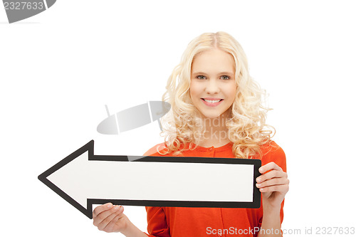 Image of businesswoman with direction arrow sign