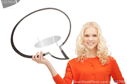 Image of smiling businesswoman with blank text bubble