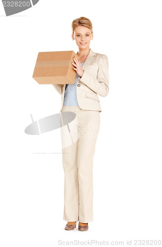 Image of attractive businesswoman with cardboard box