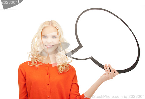 Image of smiling businesswoman with blank text bubble