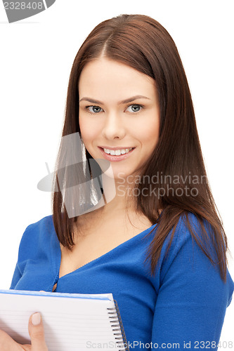 Image of happy woman with big notepad