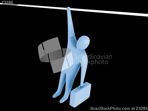 Image of 3d person hanging from a rope holding a briefcase.