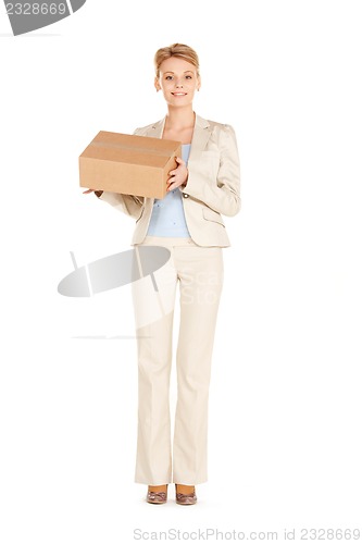 Image of attractive businesswoman with cardboard box
