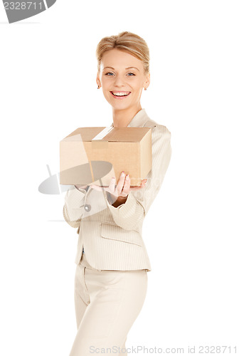 Image of attractive businesswoman with cardboard box