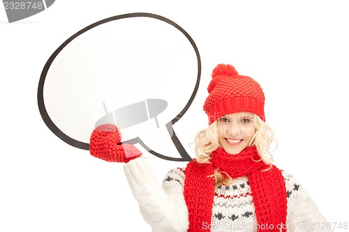 Image of smiling woman with blank text bubble