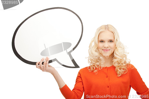 Image of smiling businesswoman with blank text bubble