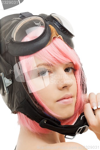 Image of pink hair girl in aviator helmet