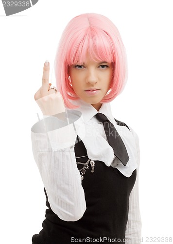 Image of schoolgirl with pink hair showing middle finger