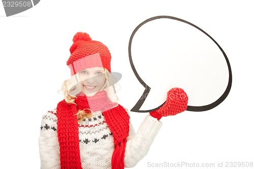 Image of smiling woman with blank text bubble