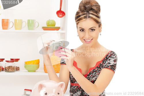 Image of beautiful housewife with purse and money