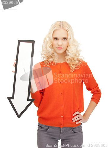 Image of businesswoman with direction arrow sign