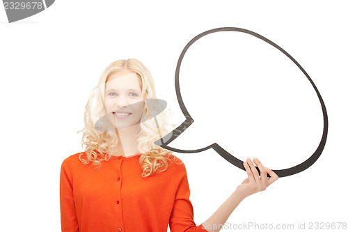 Image of smiling businesswoman with blank text bubble