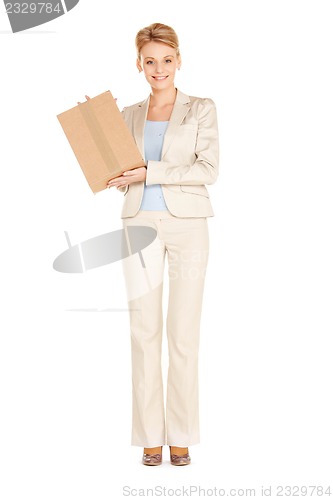Image of attractive businesswoman with cardboard box