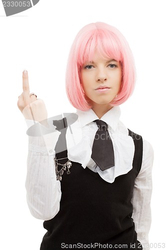 Image of schoolgirl with pink hair showing middle finger