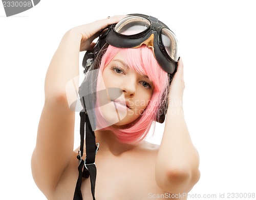 Image of pink hair girl in aviator helmet