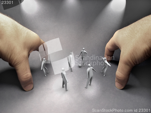 Image of 3d people playing football on a stadium made of human hands.