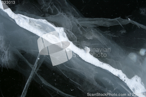 Image of Cracked snowy ice, deep black water