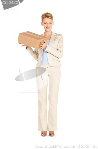 Image of attractive businesswoman with cardboard box