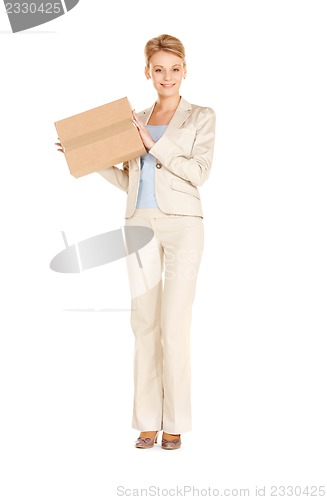 Image of attractive businesswoman with cardboard box