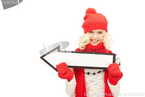Image of woman with direction arrow sign