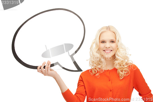 Image of smiling businesswoman with blank text bubble