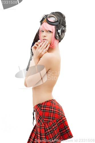 Image of topless pink hair girl in aviator helmet