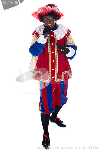 Image of Zwarte Piet with microphone