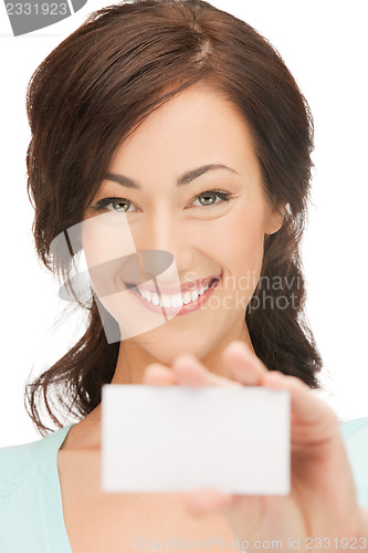 Image of attractive businesswoman with business card