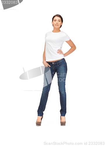 Image of smiling woman in blank white t-shirt