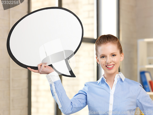 Image of smiling businesswoman with blank text bubble
