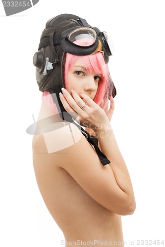 Image of topless pink hair girl in aviator helmet