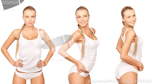 Image of woman in cotton undrewear in 3 different poses