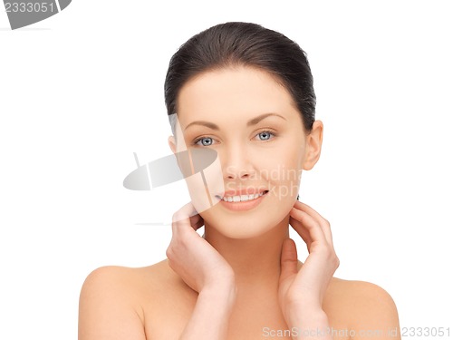 Image of face and hands of beautiful woman