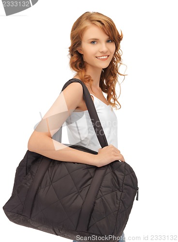 Image of teenage girl in blank white t-shirt with bag