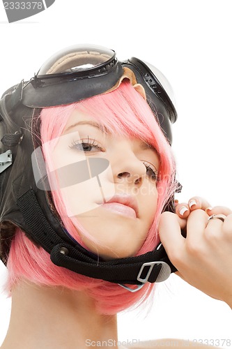 Image of pink hair girl in aviator helmet