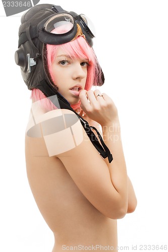 Image of topless pink hair girl in aviator helmet