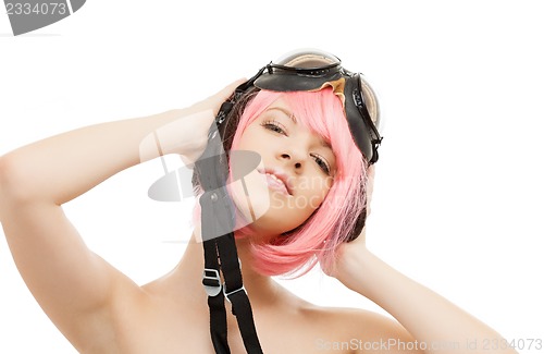 Image of pink hair girl in aviator helmet