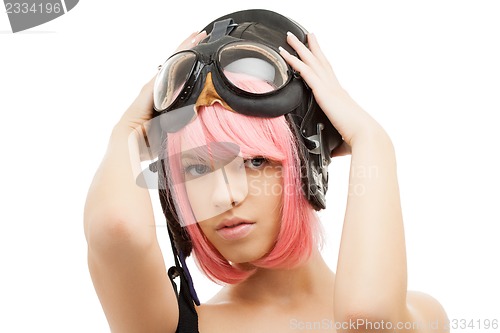 Image of pink hair girl in aviator helmet