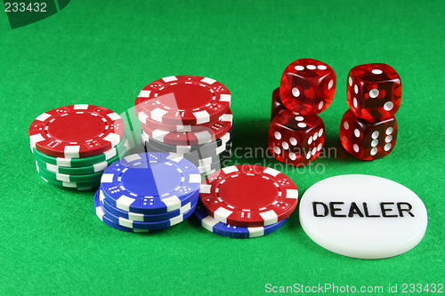 Image of Poker Chips and 5 Dice