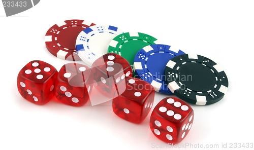 Image of Poker chips and 5 dice