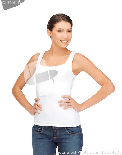 Image of smiling woman in blank white t-shirt