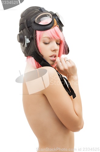 Image of topless pink hair girl in aviator helmet